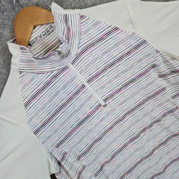 Spyder Women's Size  L Long Sleeve Pullover Striped Athletic White 1/4 Zip SPOT - Picture 1 of 14